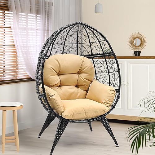 YITAHOME Silla de huevos de mimbre para interiores y exteriores, tumbona grande de gran tamaño con cojín de soporte, silla de cesta de huevos de