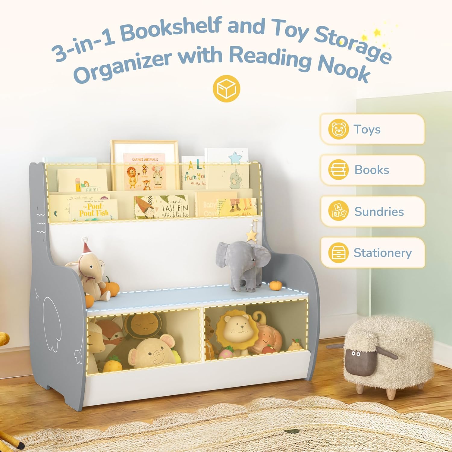 Curipeer 3-in-1 Kids Bookshelf and Toy Storage Organizer with Bench, Toddler Bookshelf and Bookcase with Reading Nook and 2 Storage Cabinets, Kids Book Shelf for Nursery, Playroom, Grey Elephant