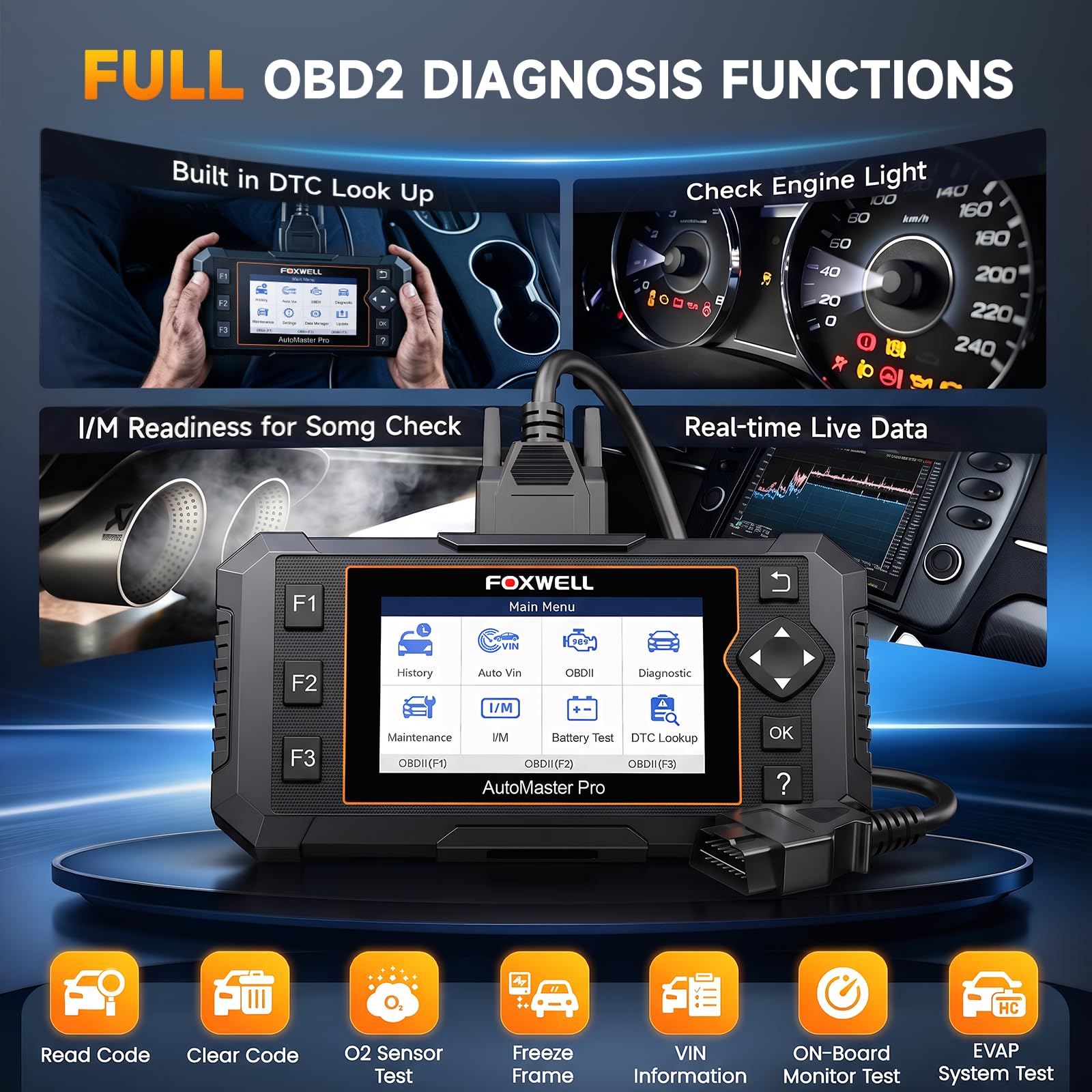 FOXWELL Escáner OBD2 NT624 Elite - Herramienta de diagnóstico para todos los sistemas, lector de código automotriz con reinicio de aceite y servicio EPB para comprobar la transmisión del motor, ABS