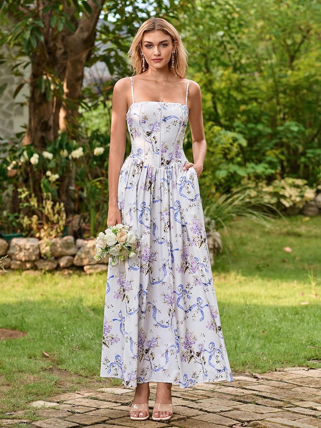 KUTUMAI Floral Corset Long Maxi Dress Lace Up Flowy A Line Summer Wedding Guest Dresses for Women Sundress with Pockets
