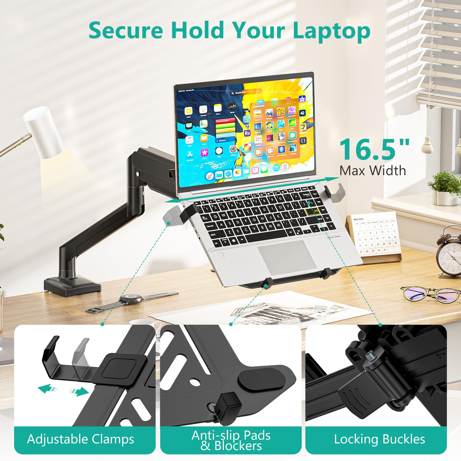 WALI Supporto da scrivania per computer portatile, supporto per monitor 2 in 1 con vassoio regolabile per laptop, adatto per notebook da 17" e schermo da 34", supporta max 10-12 kg, supporto per