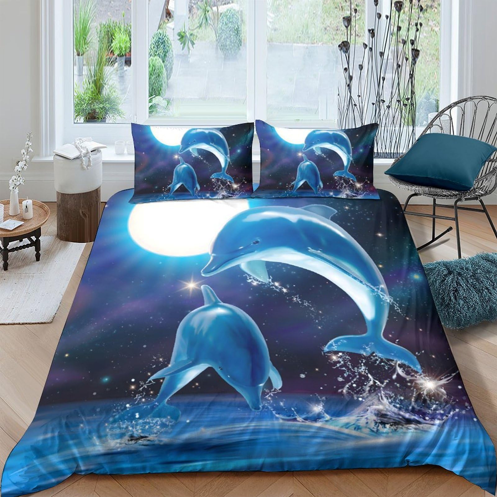 Ctjqhvkz Style-1 3D Printed Moon Dolphin Fitted Sheet Microfiber Soft Blue Ocean Splash Bed Cover For Bedroom Dorm Mattress Protection Decor Single（135X200cm）