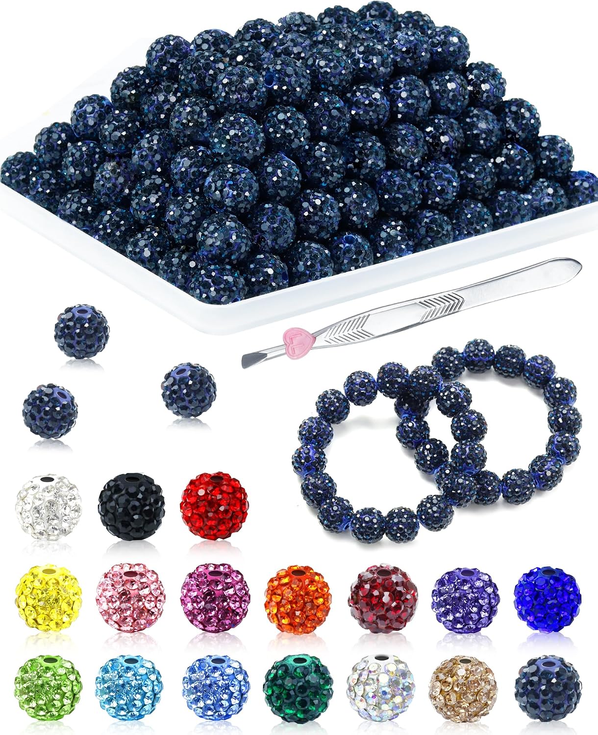 120PCS FIVEIZERO Rhinestone Beads for Jewelry Making, 10mm Dark Pink Shiny Round Sparkle Crystal Clay Beads Bulk Sparkly Baseball Necklace Bead for Bracelets and DIY Crafts