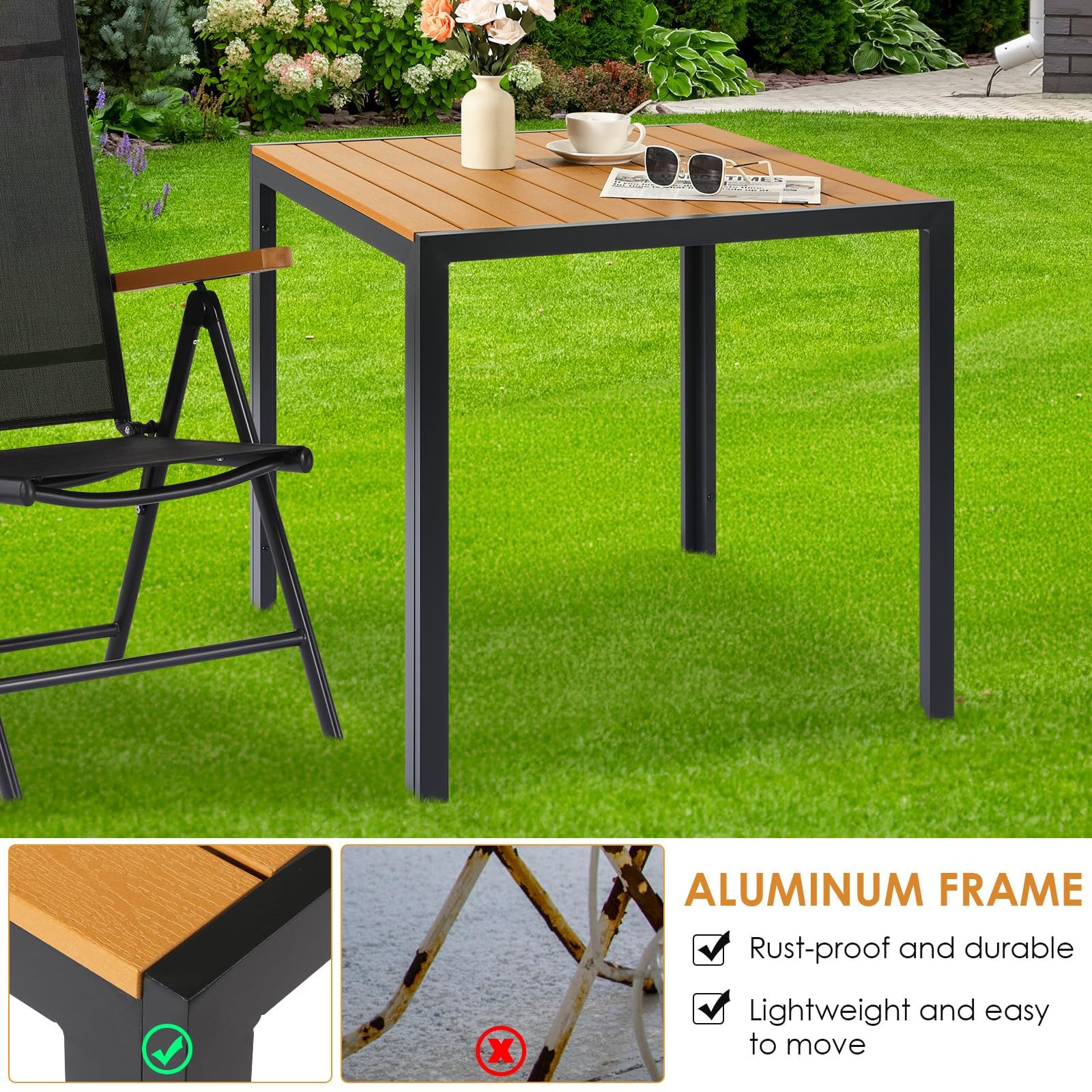 LIFERUN Gartentisch Aluminium, 75x75cm WPC Balkontisch Wetterfest, Quadratischer Terrassentisch, Rutschfester Esstisch Outdoor, Teakbraun