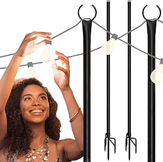String Light Poles for Outdoor String Lights - Metal Light Pole w/Hooks for Outdoor String Lighting - Patio Light Accessories Ideal for Backyard, Weddings, and Parties