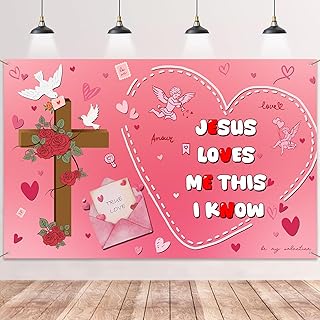 Christian Valentine's Day Backdrop Banner - Jesus Loves Me This I Know Wall Banner 70.87" x 43.31", Christian Valentines Decor Church Banners for Sanctuary Sunday School Classroom Photo Booth