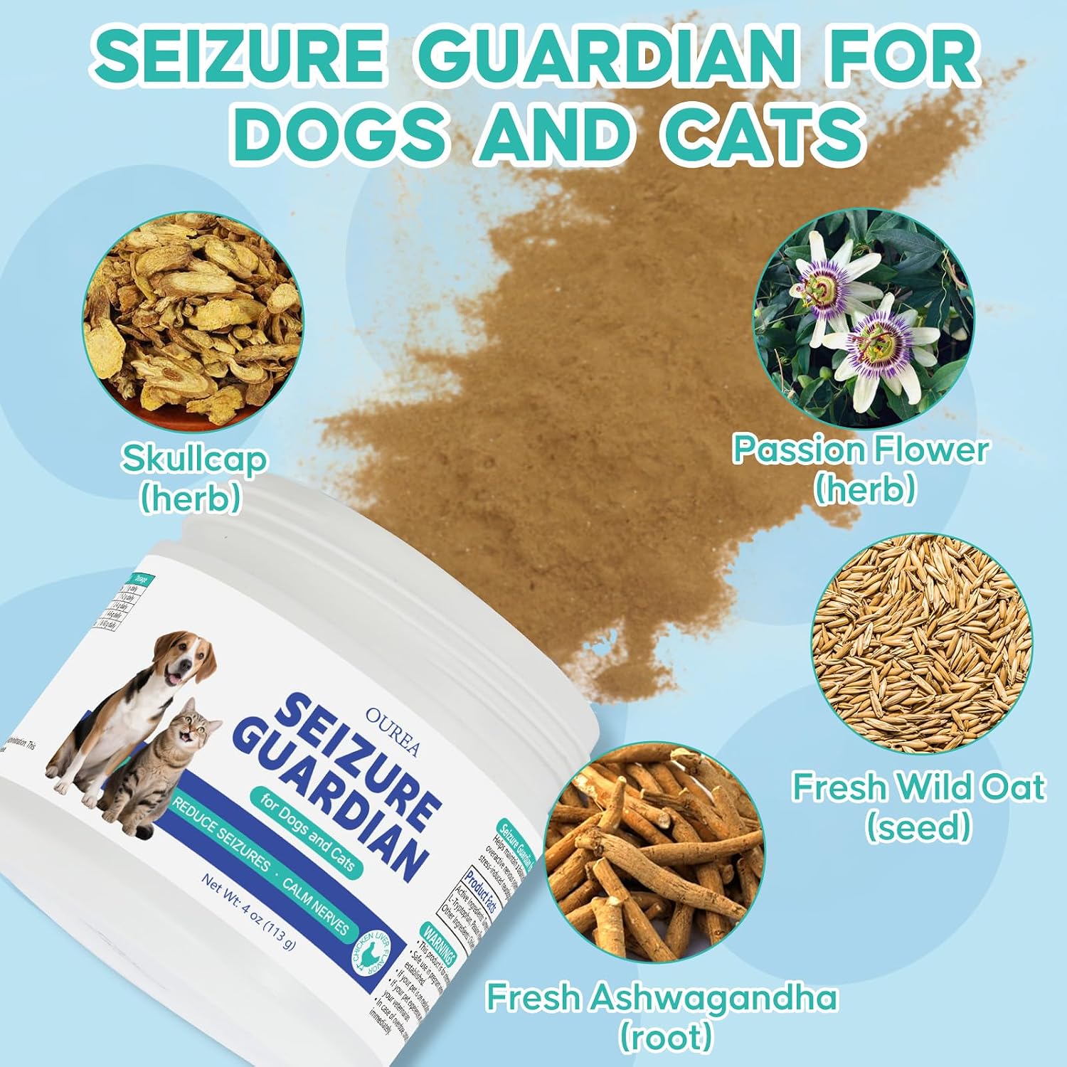Calming Chews for Dogs, Seizure Guardian for Dogs and Cats, Nervous System Powder, Natural Herbal Formula with Skullcap Passion Flower, Helps Manage Seizure Symptoms, Calm & Stress Support - 4OZ