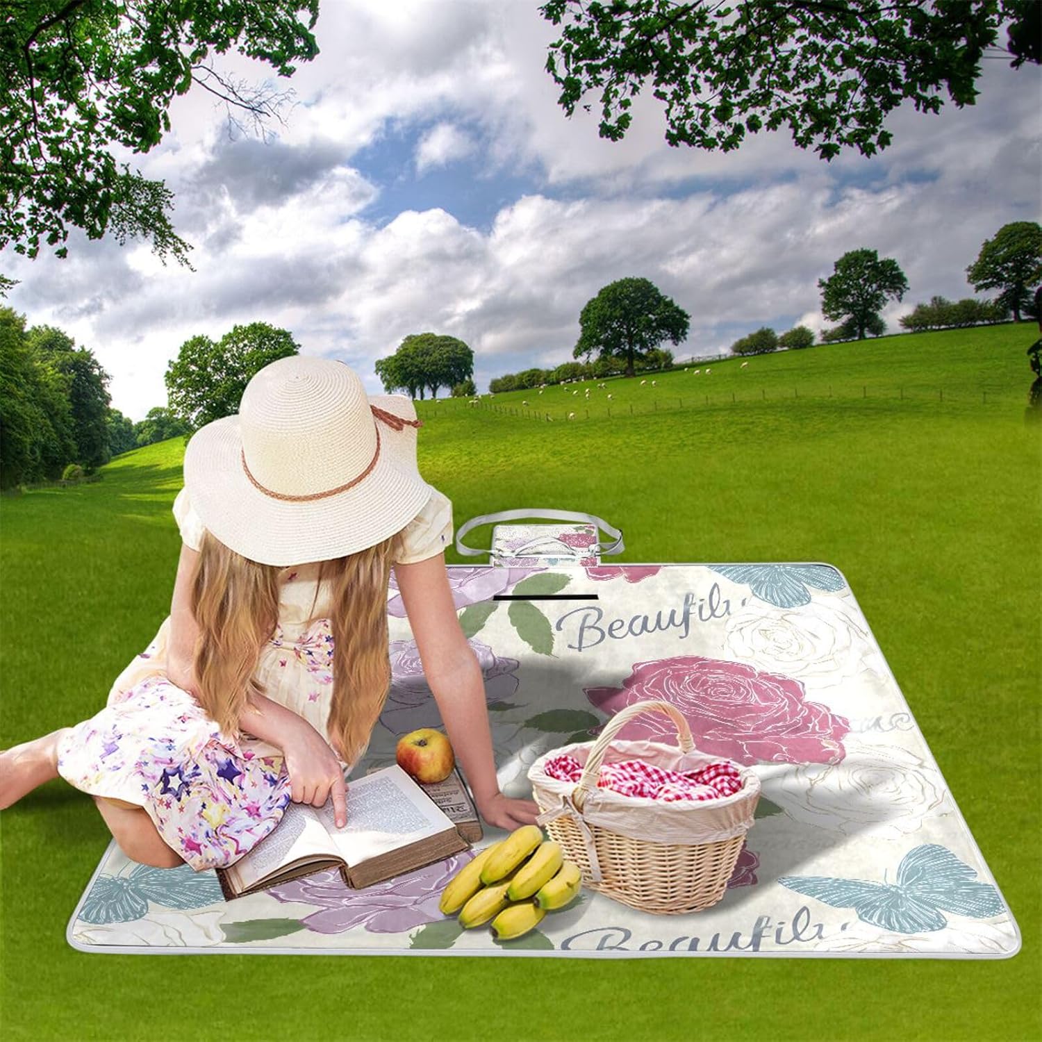 MNSRUU Picnic Blanket Waterproof Foldable, Pink Flower Wild Flower Tropical Plant Large Outdoor Picnic Blanket Beach Blankets Camping Blanket Travel Mat, Shoulder Strap Tote, Rectangle 57x59in