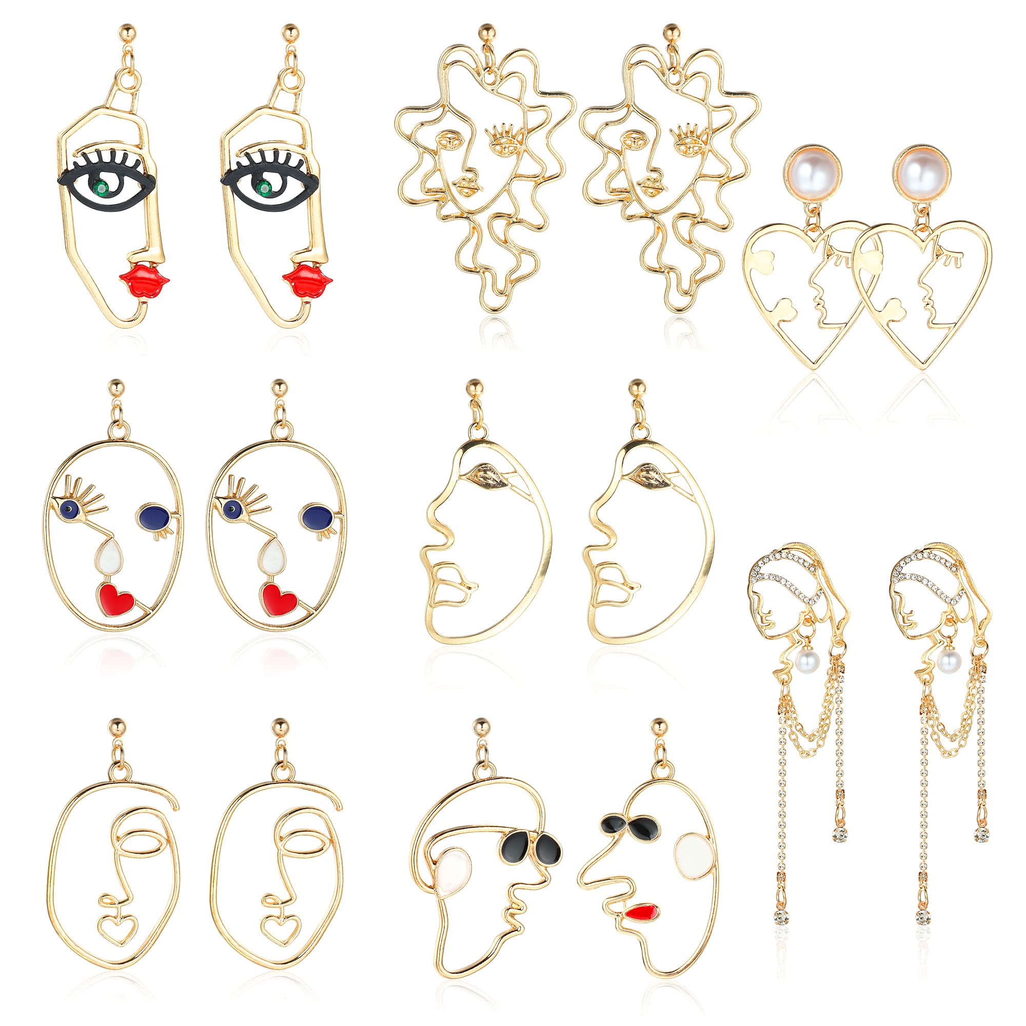 Subiceto 8 Pairs Face Earrings for Women Geometric Abstract Art Face Earrings Dangle Weird Lesbian Aesthetic Hollow Statement Earrings