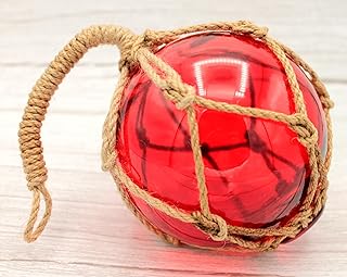 Bola de pescador, decoración marítima, cristal y cordaje/sisal, diámetro = 13 cm, color rojo
