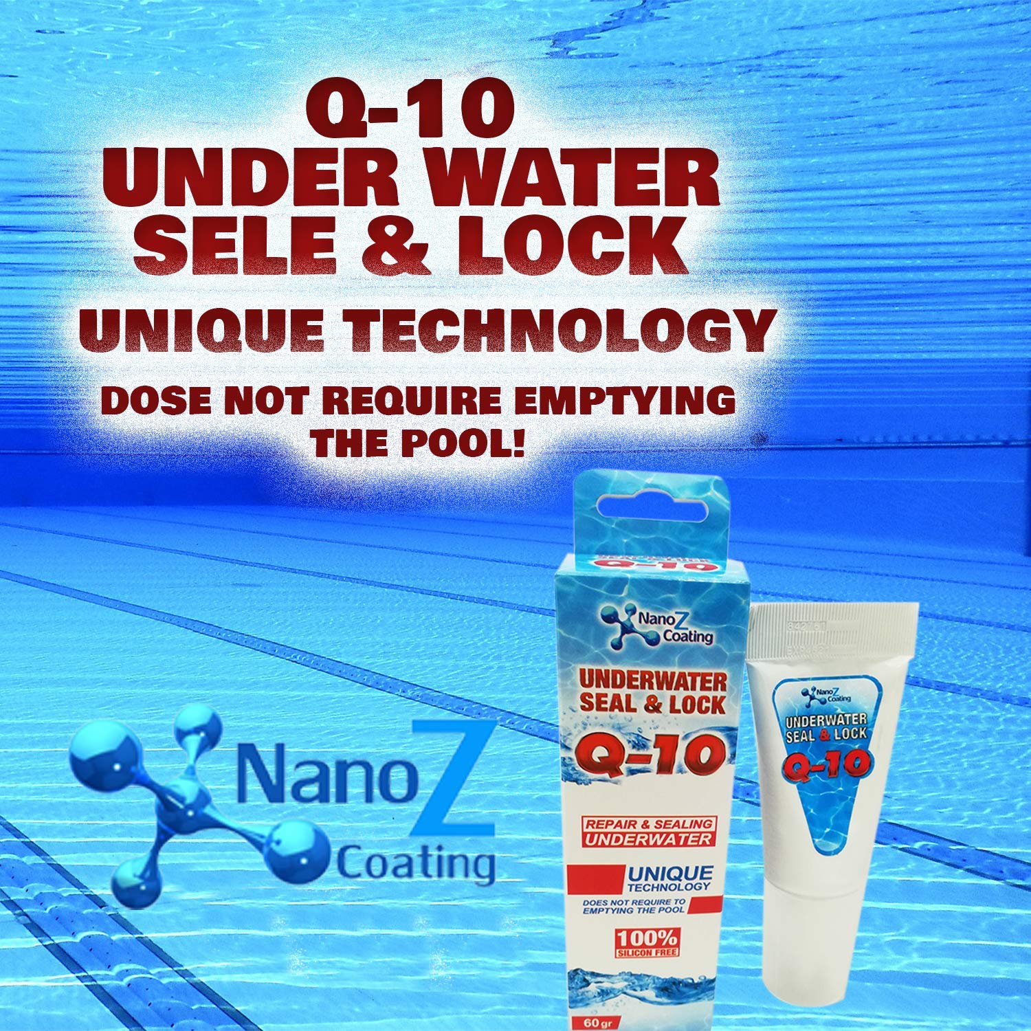 Nano Q10 Underwater Seal & Lock - Leak and Crack Repair Without Emptying The Pool, Reservoir, or Tank. Eco-Friendly Under Water Adhesive, Stays Flexible, Waterproof, and Chlorine Resistant (2.1 oz)