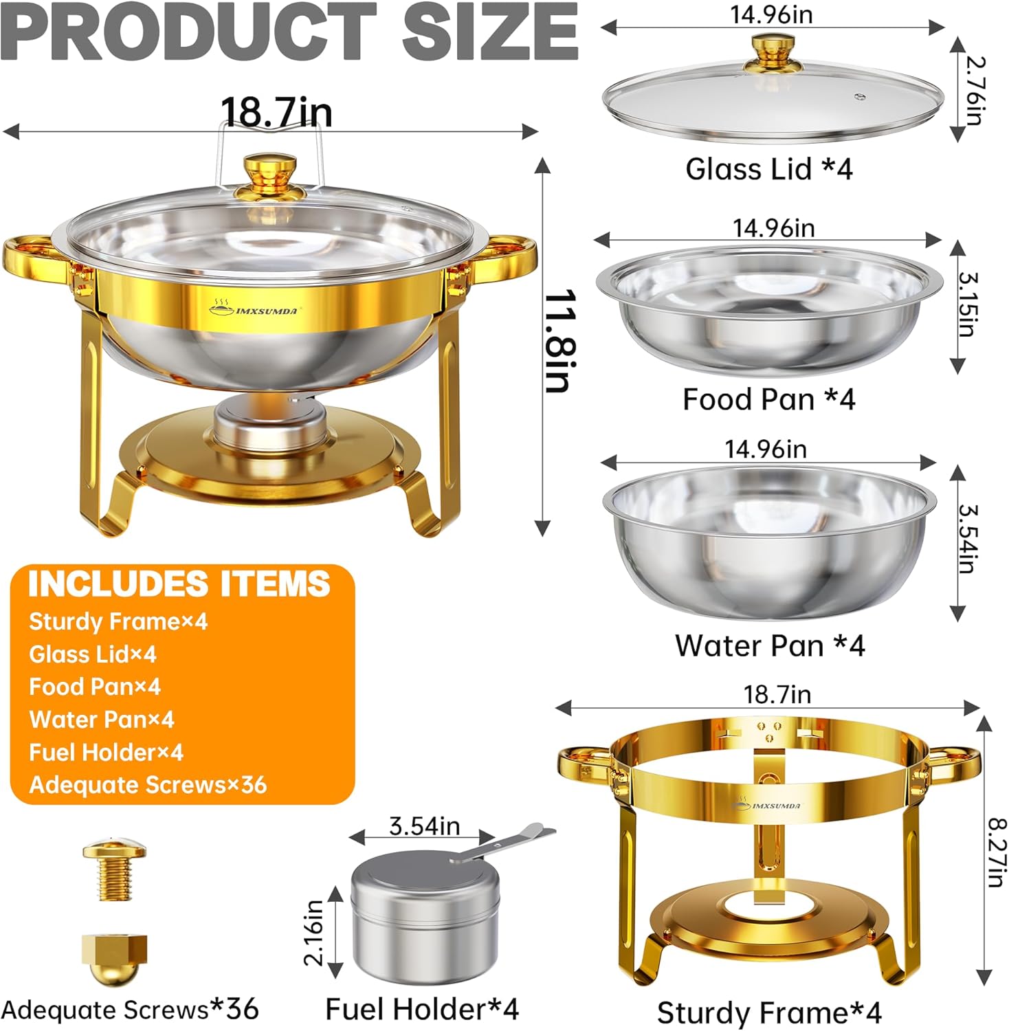 Chafing Dishes for Buffet Set 6.5QT, 4 Pack Round Dish Buffet Servers and Warmers with Glass Lid High Grade Stainless Steel Food Warmers for Parties, Christmas Gatherings, Weddings, Catering, Gold Gold-Glass Lid-4 Pack-6.5QT