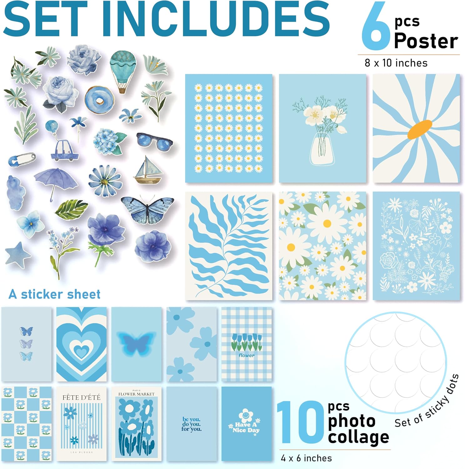 97 Decor Light Blue Wall Art, Danish Pastel Daisy Posters, 8x10 Unframed image 2