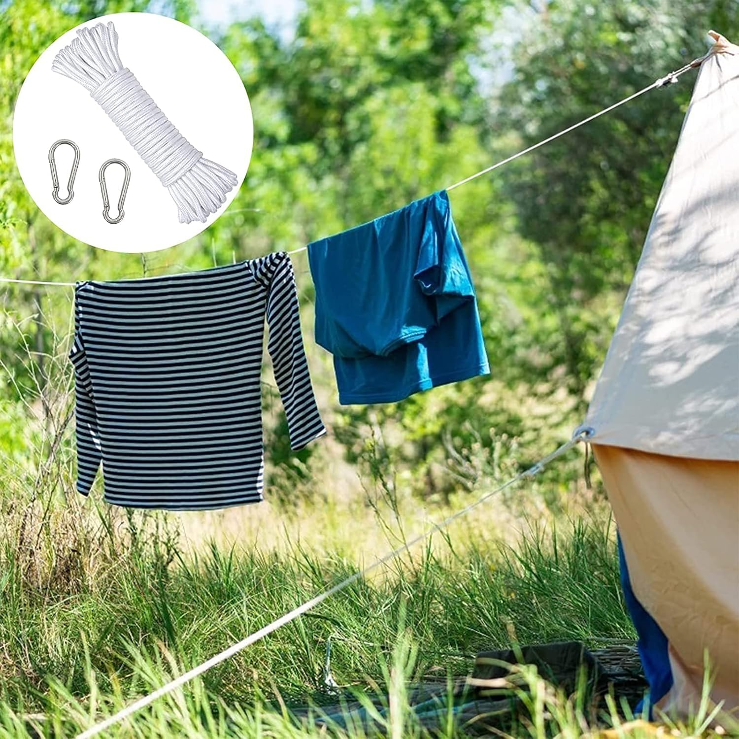 YINLER Washing Lines Rope, Quality Strong White Woven Clothes Line with Two Metal Hooks, Easy to Tighten - Image 5