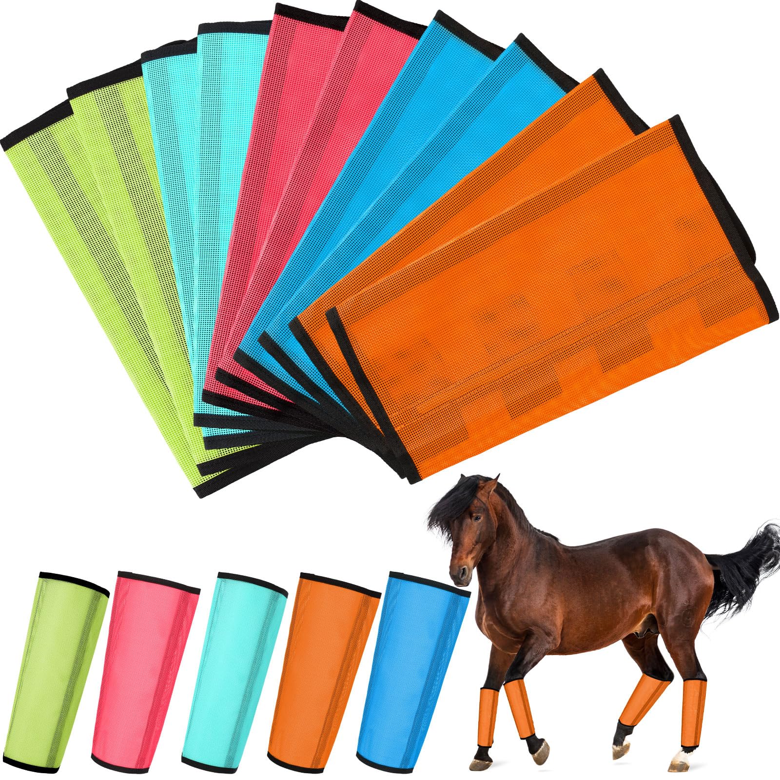 Set Of 20 Mesh Fly Boots For Horses – Breathable Leg Wraps To Protect From Flies & Mosquitoes (Blue, Orange, Pink, Green)