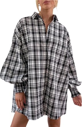 Women Plaid Flannel Shirt Oversized Button Down Shacket Blouse
