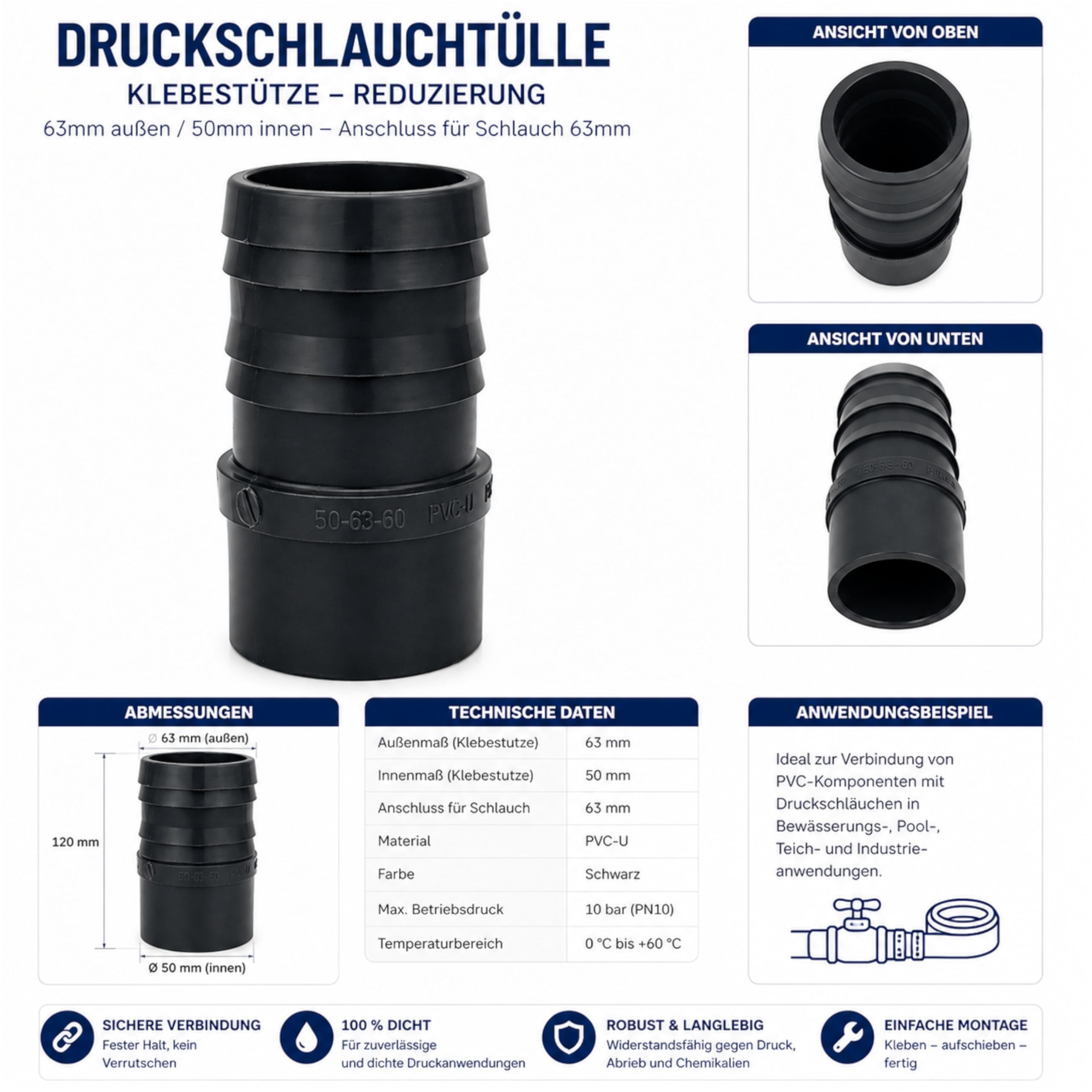 HAF® 10 x tulejka do węża ciśnieniowego PCW z króćcem klejącym 63 mm x 63 mm tulejka do węża - tulejka do węża z szarego PVC U do rur basenowych i wielu innych... Jakość: Made in Europe - ilość: 10