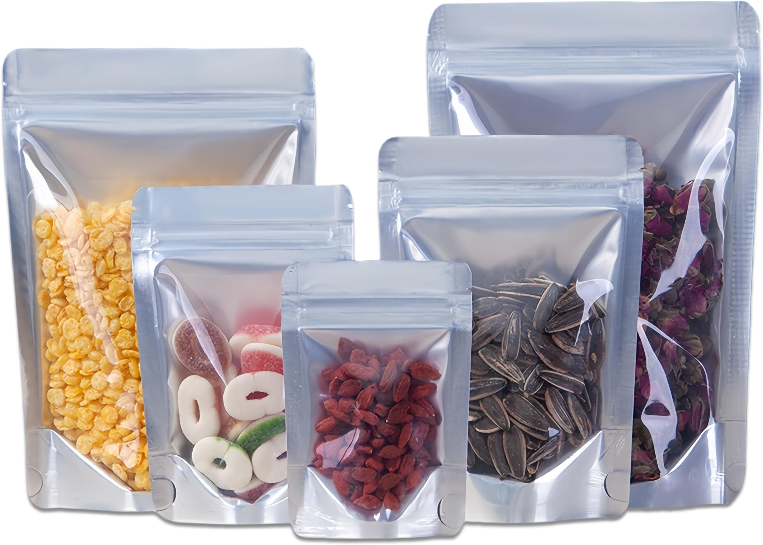 100Pcs Mylar Bags,Ziplock Sweet Pouches Stand Up with Clear Front 10x15cm
