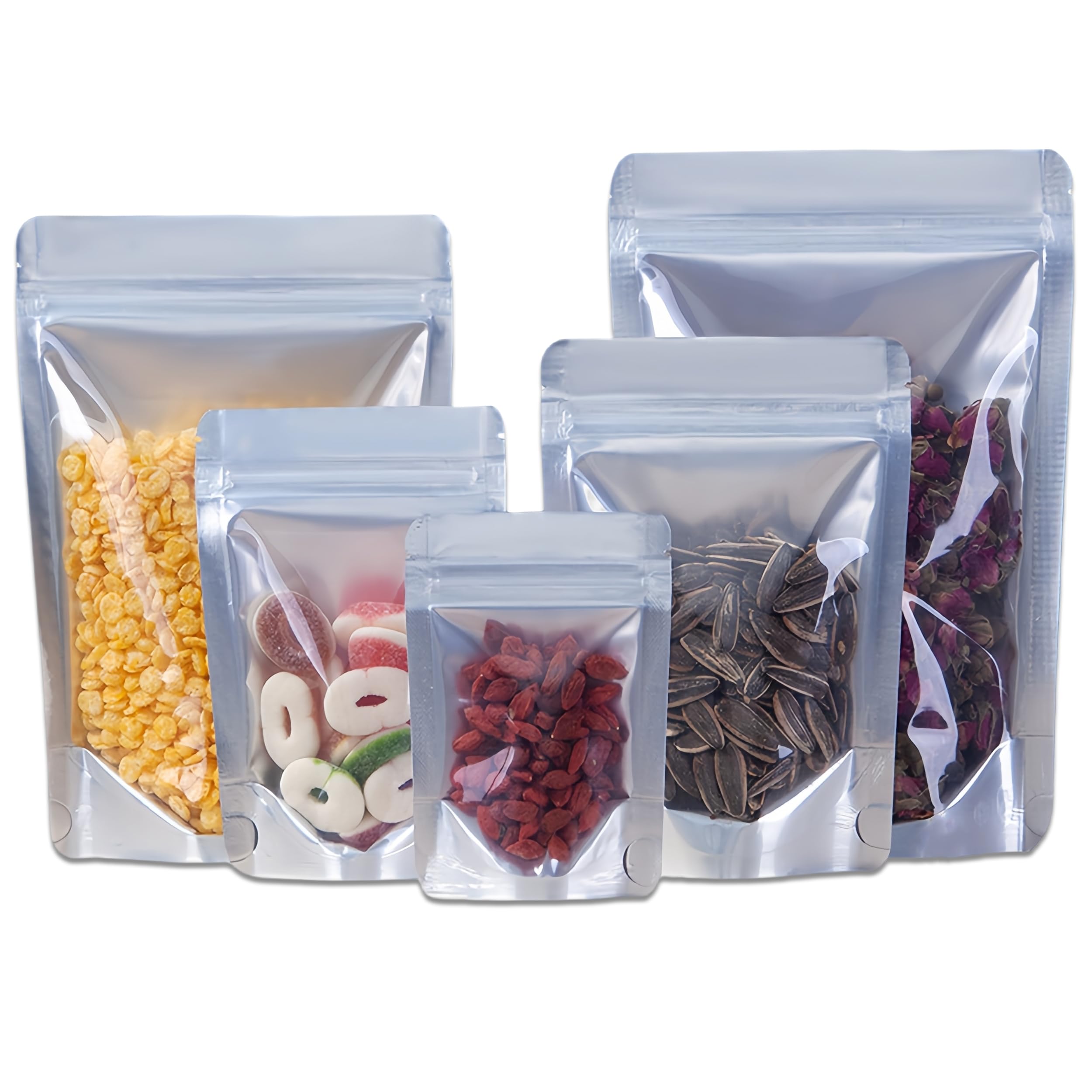 100Pcs Mylar Bags,Resealable Bags Stand Up,Aluminum Foil Ziplock Bags with Clear Front,Food Bags Zip Seal,Sweet Pouches,Smell Proof Bag Heat Seal Packaging Baggies for Food Storage (10x15cm - 100pcs)