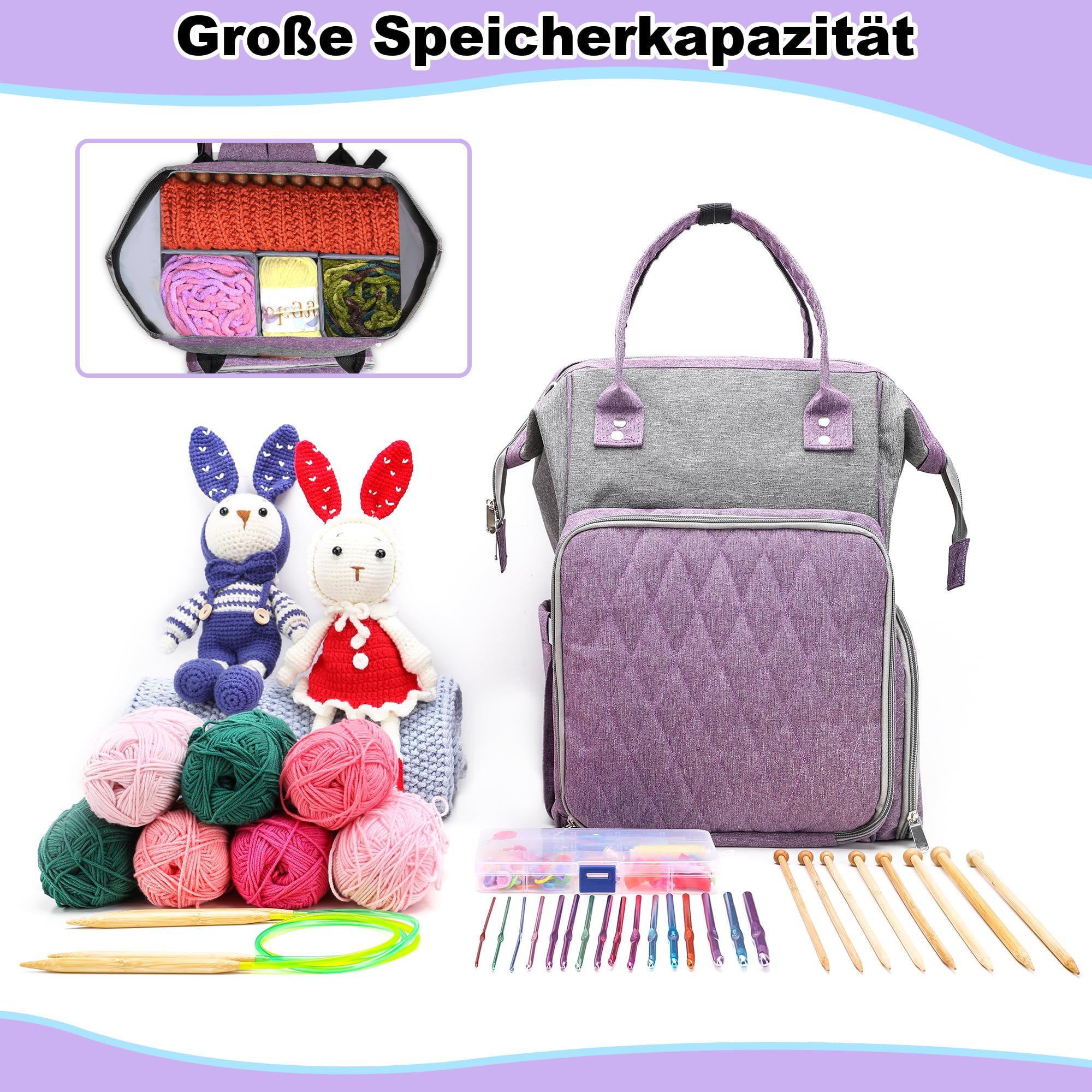Large Capacity Knitting Bag Backpack,Portable Crochet Bags and Totes Organizer for Women Yarn Bags Holder Case for Crocheting and Carrying Crochet Accessories(Violet) - Image 3