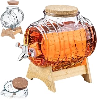 KADAX Fass 3L mit Hahn, fassförmiger Getränkespender aus Glas, Fass mit Zapfhahn, transparenter Spender mit Holzuntersatz, Alkoholspender ideal für Whisky, Brandy, Säfte (Modell 3)