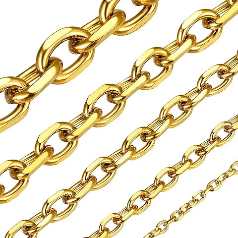 ChainsHouse Stainless Steel Cable Chain Necklaces for Men Women, 3mm/5mm/7mm/9mm/12mm 18K Gold/Black Plated Mens Cable Link Chains, 18