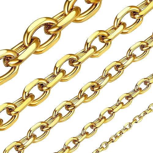 ChainsHouse Stainless Steel Cable Chain Necklaces for Men Women, 3mm/5mm/7mm/9mm/12mm 18K Gold/Black Plated Mens Cable Link Chains, 18"-30" Length - Send Gift Box