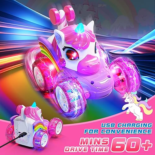 Miniatura 3 de Auto de control remoto para niñas, auto de acrobacias RC de 2.4 GHz con bonitas luces, giratorio de 360  de doble cara 4WD, juguete recargable,