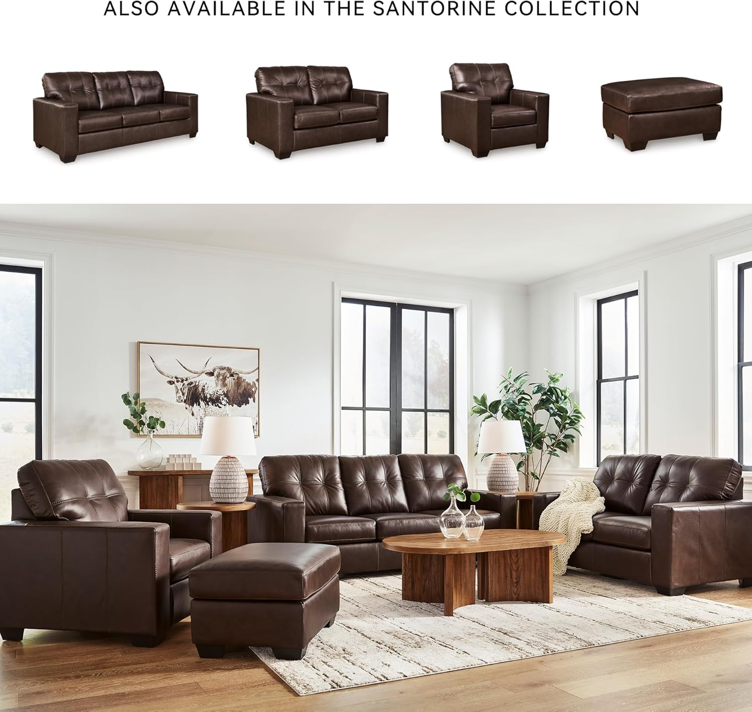 Signature Design by Ashley Santorine Transitional Tufted Leather Match Sofa, Dark Brown