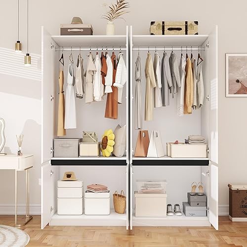 Miniatura 3 de Armario blanco Armario Armario: Armario de madera de 74 pulgadas con 4 puertas, Armarios de dormitorio con barra para colgar, armario alto para