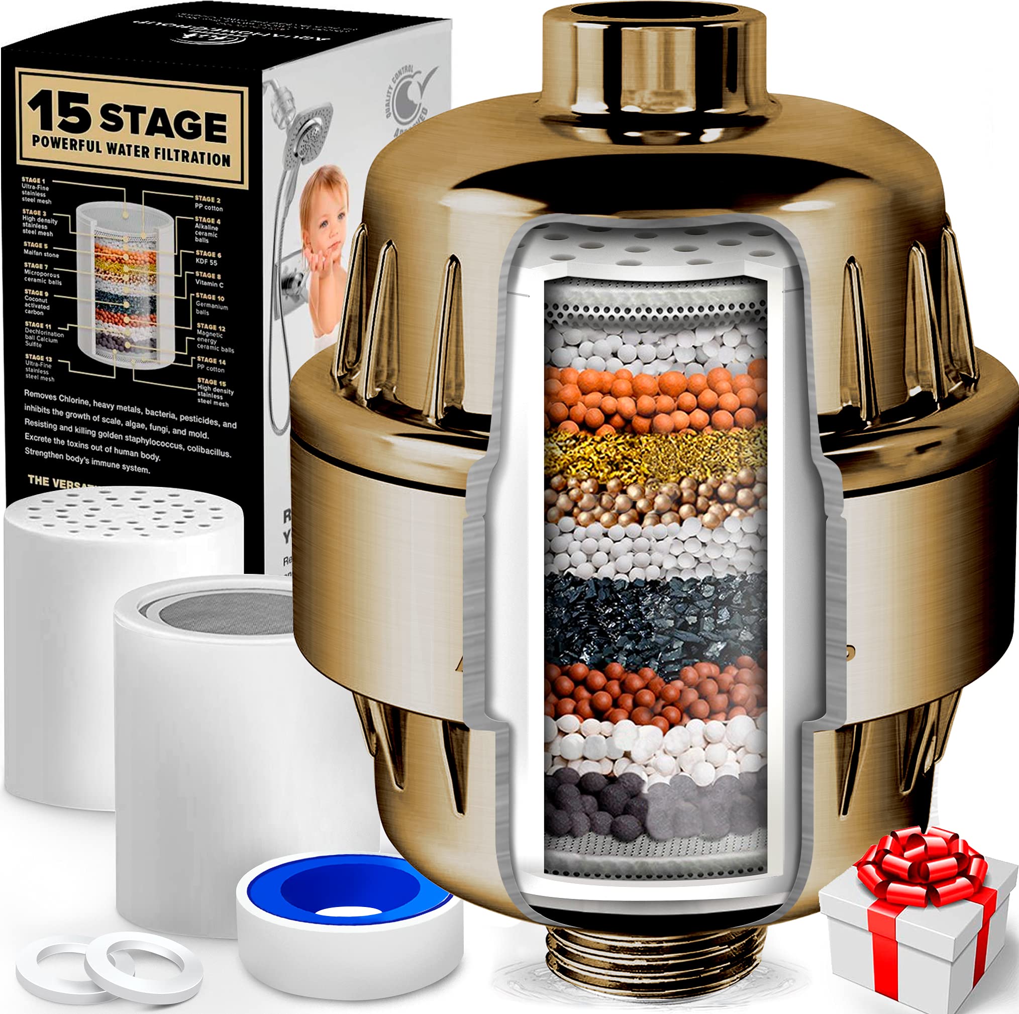 Aquahomegroup15 Stage Shower Filter with Vitamin C for Hard Water - High Output Shower Water Filter to Remove Chlorine and Fluoride - 2 Cartridges Included -Consistent Water Flow Showerhead Filter