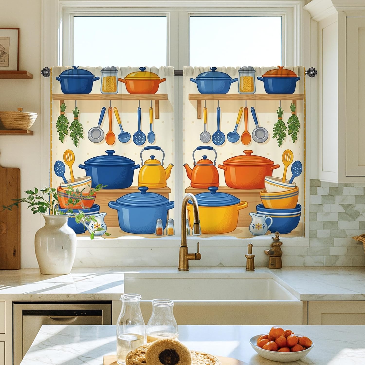 Cookware Kitchen Curtains, Kitchen Casual Utensils Herbs None Blue Light Filtering Curtains Window Decoration for Sink Area Dining Room Bathroom 26x36 Inch