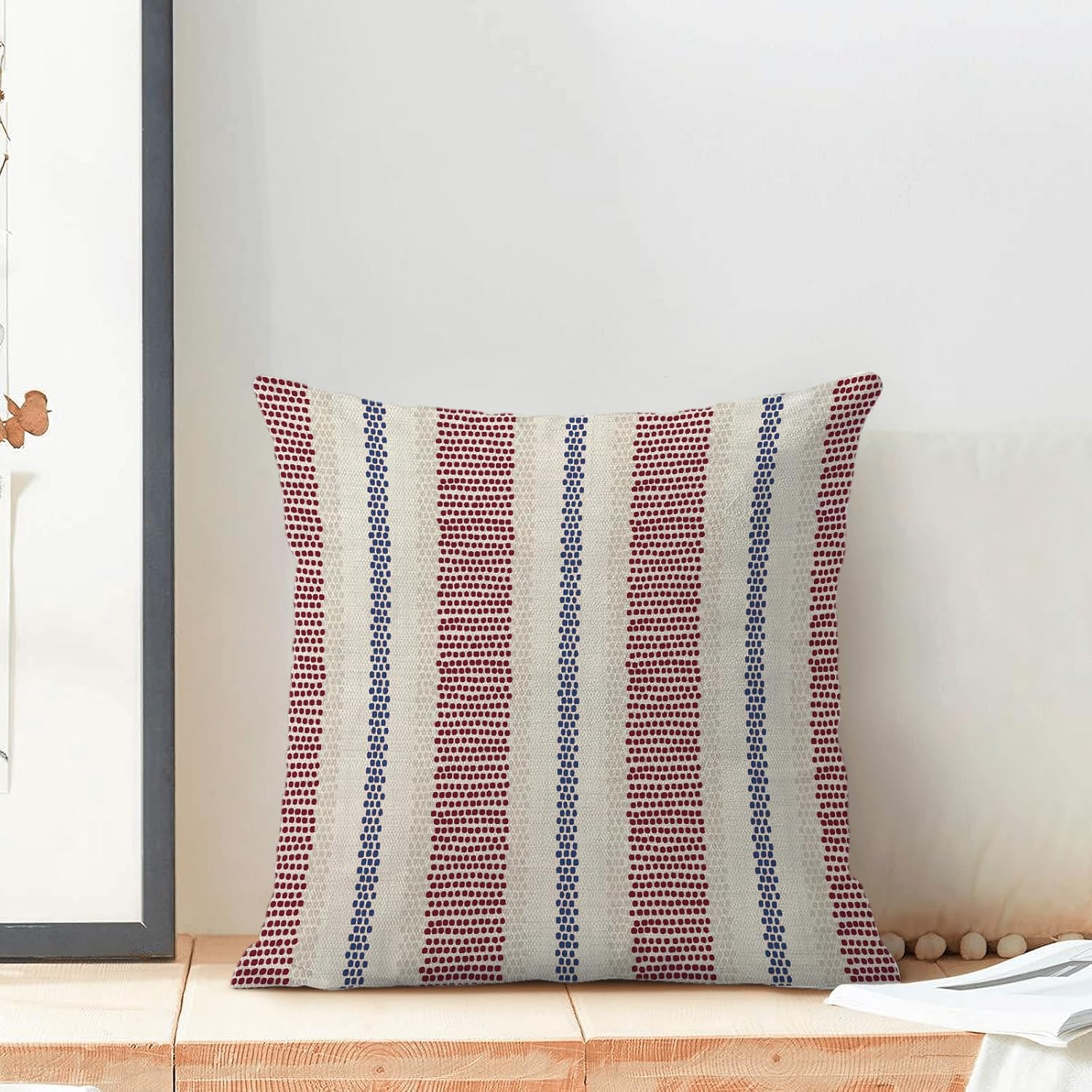 Boho Pillow Covers 18x18 Set of 2 Burgundy Red Blue Stripe Throw Pillow Covers Outdoor Decoration Bohemian Modern Abstract Decorative Pillowcase Farmhouse Cushion Case Decor for Home Sofa - Image 3