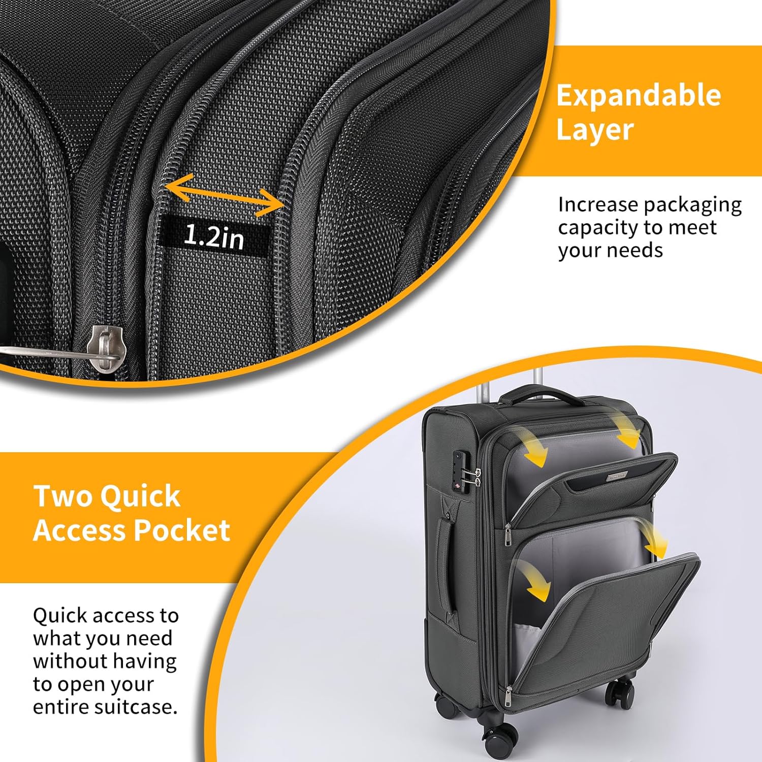 3-Piece Softside Expandable Luggage Set with Front Open Pocket, Lightweight and Durable Oxford Fabric Suitcase Set with TSA Lock (Gray, 20in/24in/28in) - Image 3