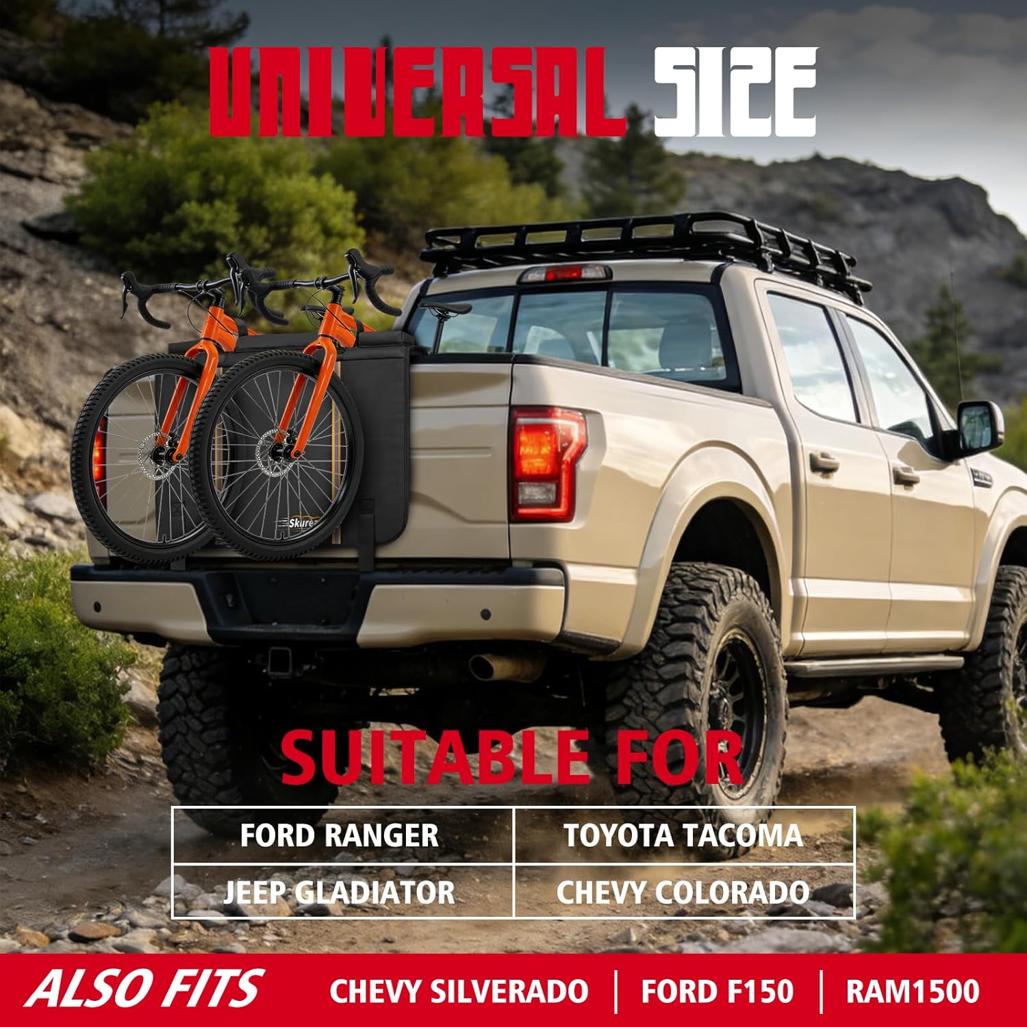 Skureay Tailgate 2 Bike Pad for E-Bike and Mountain Bike, Outdoors Tailgate Protection Pad with Additional Replaceable E-Bike Straps, Ebike Tailgate Bed Mat for Truck Pickup