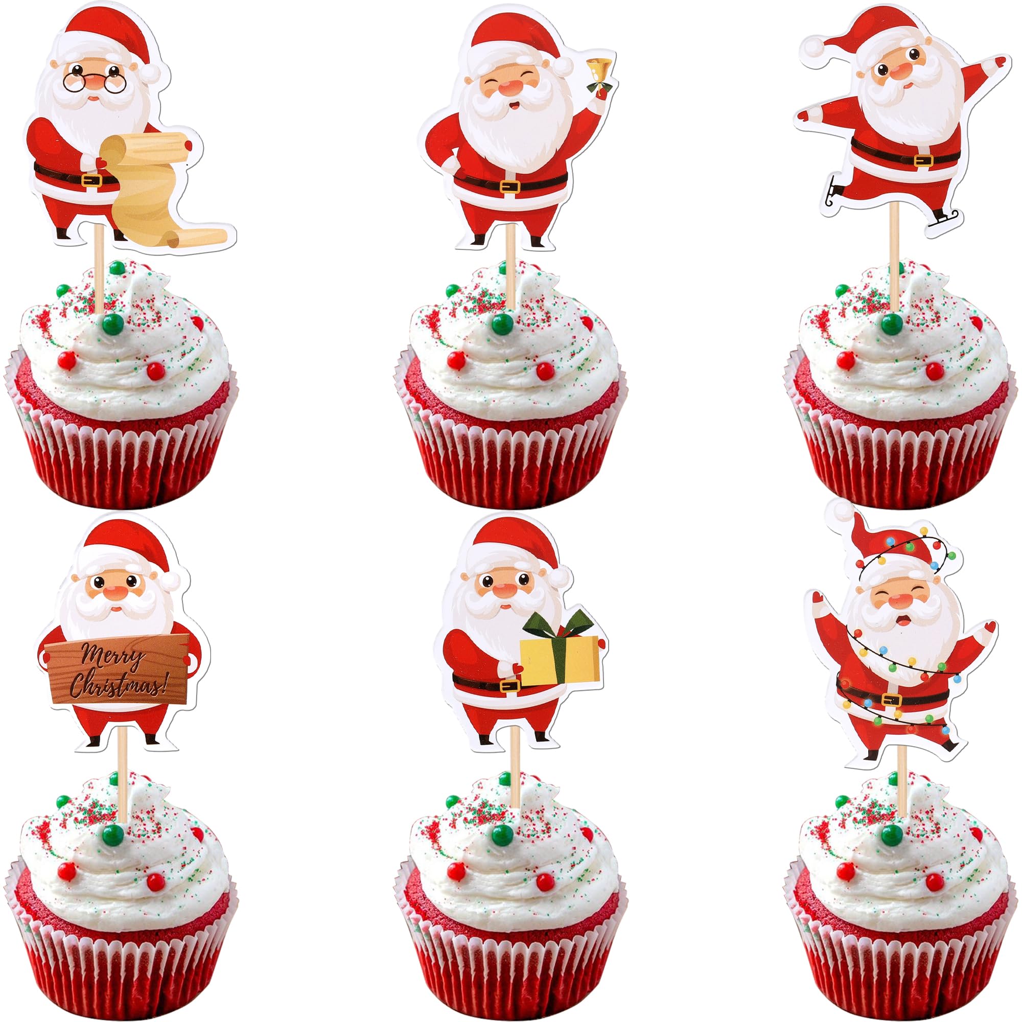 36 PCS Christmas Santa Claus Cupcake Toppers Double Sided Merry Christmas Cupcake Picks for Christmas Theme Xmas New Year Holiday Party Cake Decorations Supplies