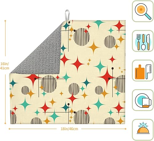 Miniatura 2 de Tapete de secado de platos retro atómico moderno de mediados de siglo para encimera de cocina, lavable, absorbente, reversible, de microfibra,