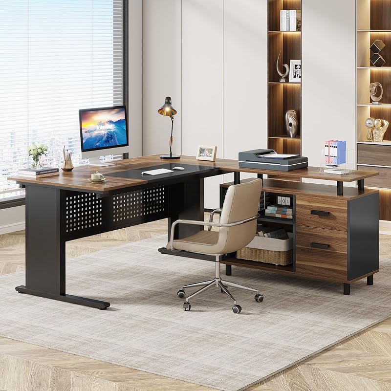 Tribesigns 63 Inch Executive Desk with File Cabinet, L Shaped Office Desk image 3