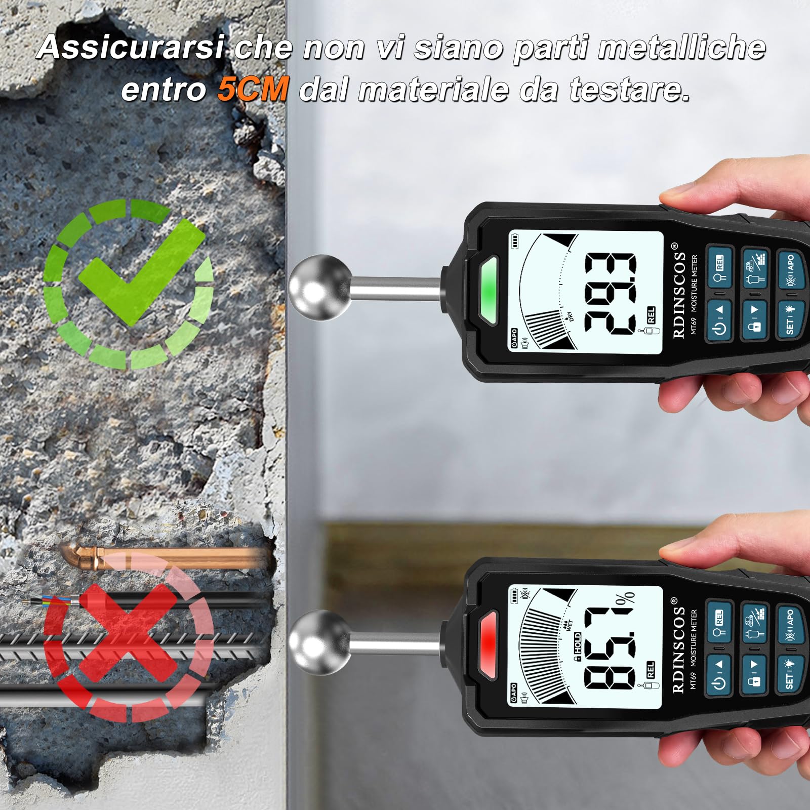 RDINSCOS Tester di umidità 2 in 1 con sonde sferiche e aghi – Umidità metro per legno, muri, calcestruzzo e gesso, schermo LCD, rilevamento 20-40 mm, allarme sonoro