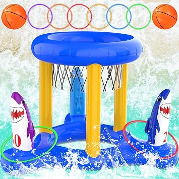 H-Style Pool Toys Pool Floats Pool Games for Kids Adult, Inflatable Pool Basketball Hoop & Ring Toss Game, 2-in-1 Pool Floating Outdoor Party Water Toy for Adults Family Kids Ages 4-8-12 Blue-1