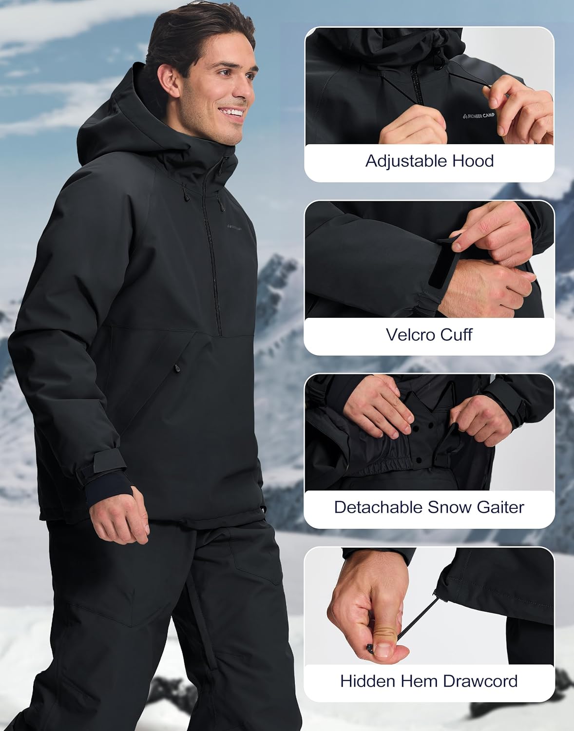 Pioneer Camp Ski Jacket Men Baggy Waterproof Insulated Half Zip Snowboard Snow Coat Shell Jackets Winter Warm Outdoor