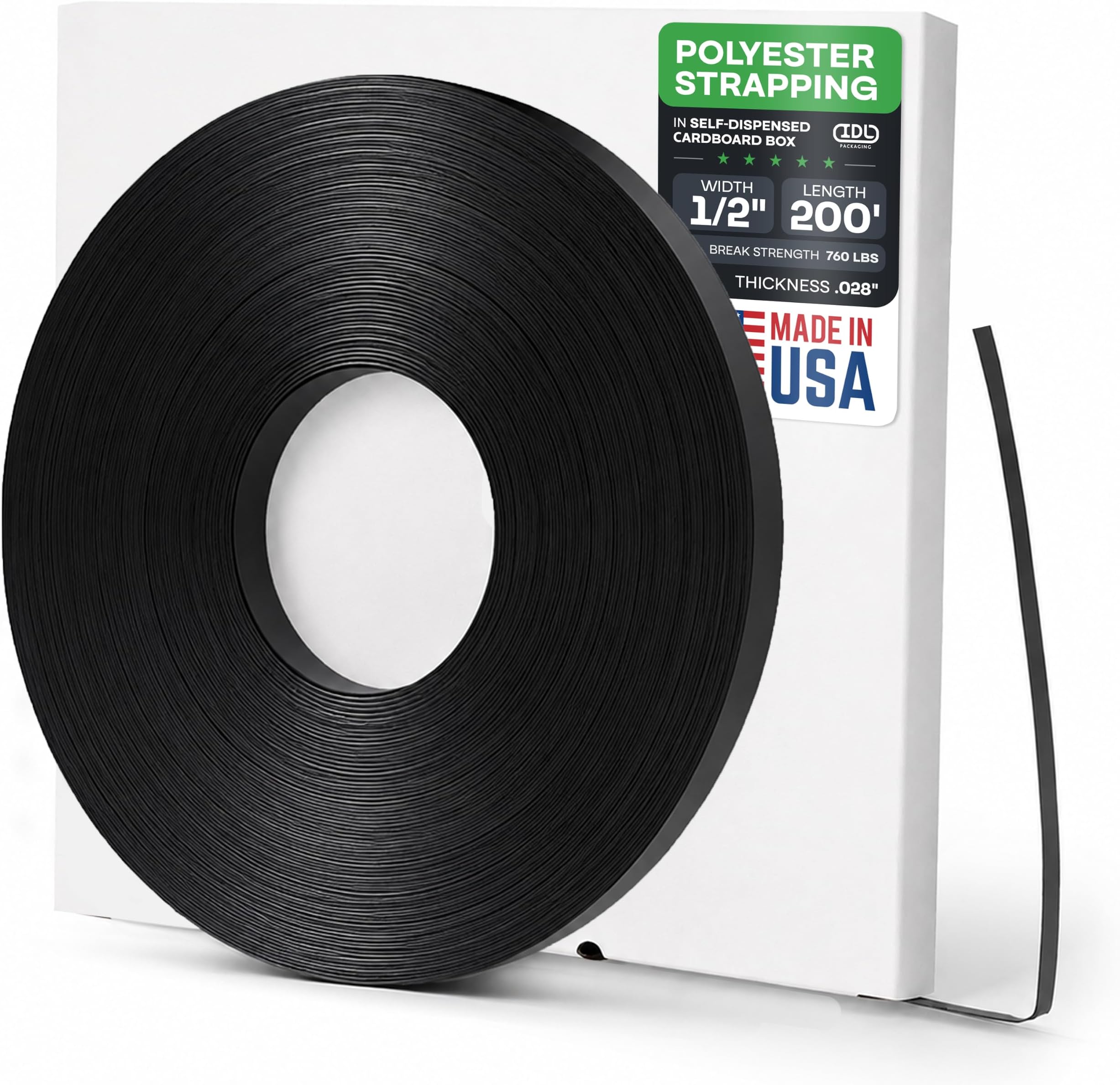 IDL Packaging 1/2" x .028" x 200' Mini Polyester (PET) Strapping Coil, 760 lbs Breaking Strength, Black - UV, Water and Rust Resistance - Flexible and Strong Packaging Banding