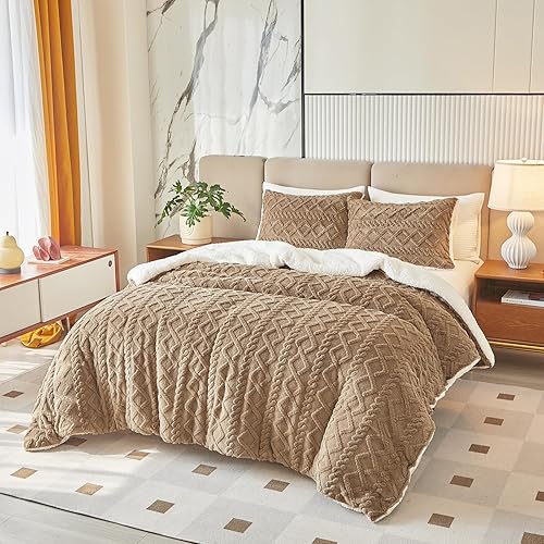Miniatura 2 de Joyreap Juego de edredón de 3 piezas de sherpa de piel sintética esponjosa, color café, juego de edredón de lujo tamaño Queen, juego de edredón de