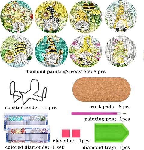 Miniatura 3 de Juego de 8 posavasos de pintura de diamante, bonitos posavasos de arte de diamantes de dibujos animados con soporte, kits de arte de diamantes para