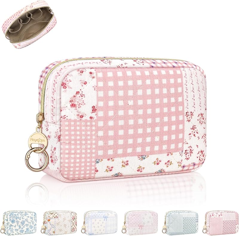 Necessaire de maquiagem pequena acolchoada Playexen, com vários bolsos e argola, L-Floral Rhombus Pink