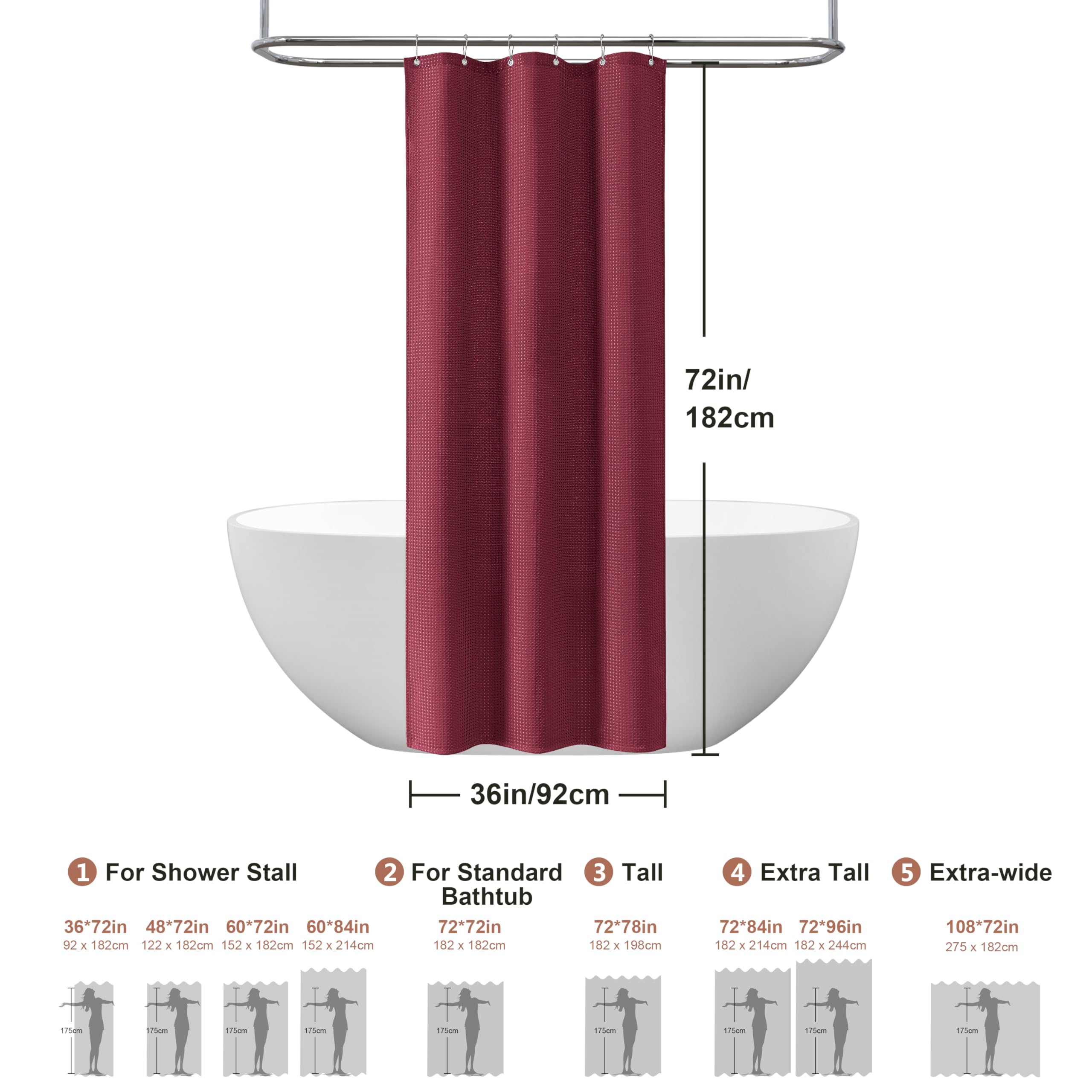 VANZAVANZU Tenda da Doccia in Tessuto Waffle Con Ganci in Metallo - Resistente All'acqua per Bagno e Vasca - 92 x 182 cm (Borgogna)