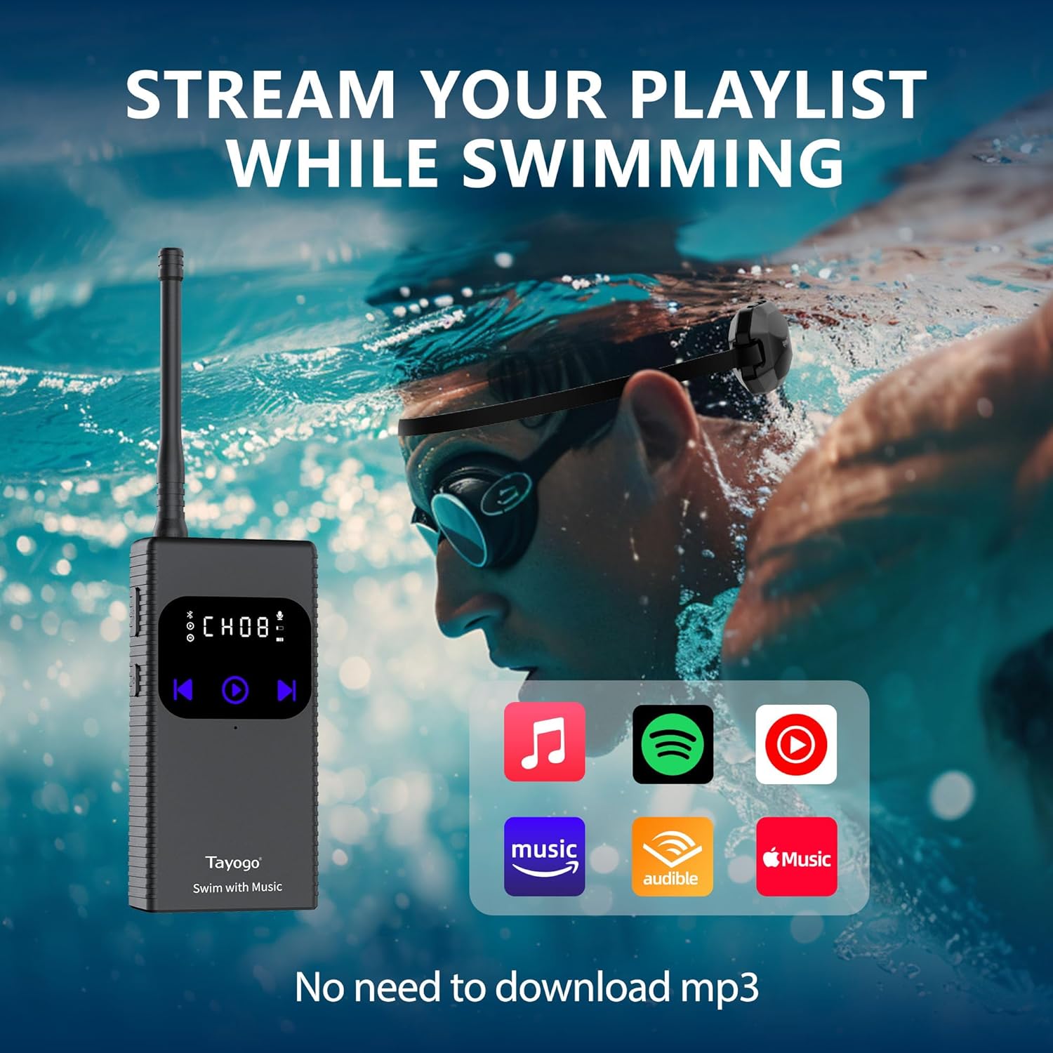 Tayogo Rock PRO W24 Swimming Headphones – Bone Conduction Waterproof Headphones for Swimming, 4-in-1 MP3 Player 32GB, Bluetooth 5.4, FM Radio, Compatible with T6 Transmitter for Underwater Music