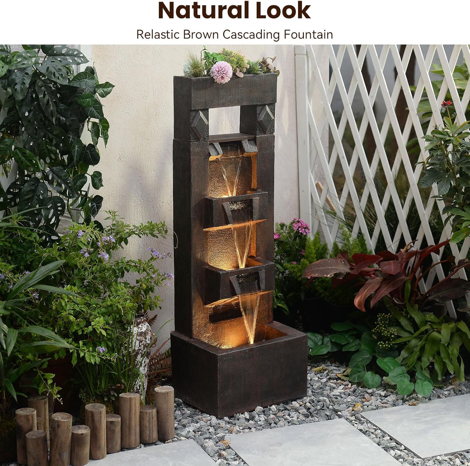 Bumilgar 40.9" H 4-Tier Indoor/Outdoor Modern Water Fountain with Led Lights and Pump, Outdoor Freestanding Cascading Waterfall - Suitable for Garden, Patio, Porch, Yard and Outdoor Decor (Brown)