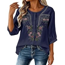 Embroidered Linen Tops for Women 3/4 Sleeve Button Down Boho Peasant Gauze Shirt Summer Casual Dressy Cotton Blouses