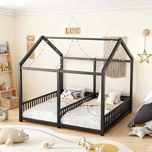Twin Size Double Floor Bed with Safety Fence & Canopy, Metal Montessori Low Profile Frame for Two Children, Easy Tool-Free Assembly, Black